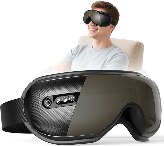 Eye Massager with Heat, Heated Eye Mask for Migraines with Bluetooth Music Eyes Care Gift with 4 Massage Modes and 180° Folding Design Massages Eyes Muscles Gifts for Friend Mom and Dad, Black