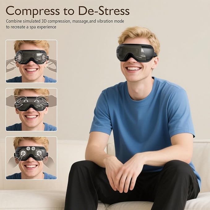 Eye Massager with Heat, Heated Eye Mask for Migraines with Bluetooth Music Eyes Care Gift with 4 Massage Modes and 180° Folding Design Massages Eyes Muscles Gifts for Friend Mom and Dad, Black