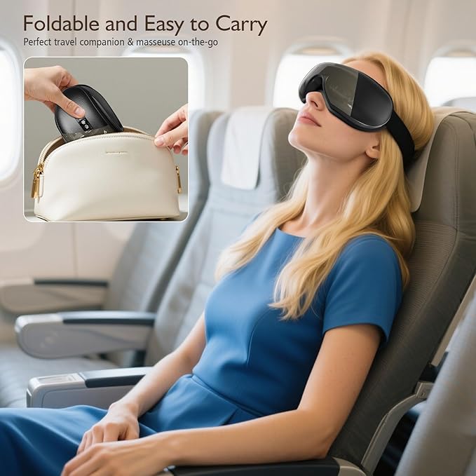 Eye Massager with Heat, Heated Eye Mask for Migraines with Bluetooth Music Eyes Care Gift with 4 Massage Modes and 180° Folding Design Massages Eyes Muscles Gifts for Friend Mom and Dad, Black