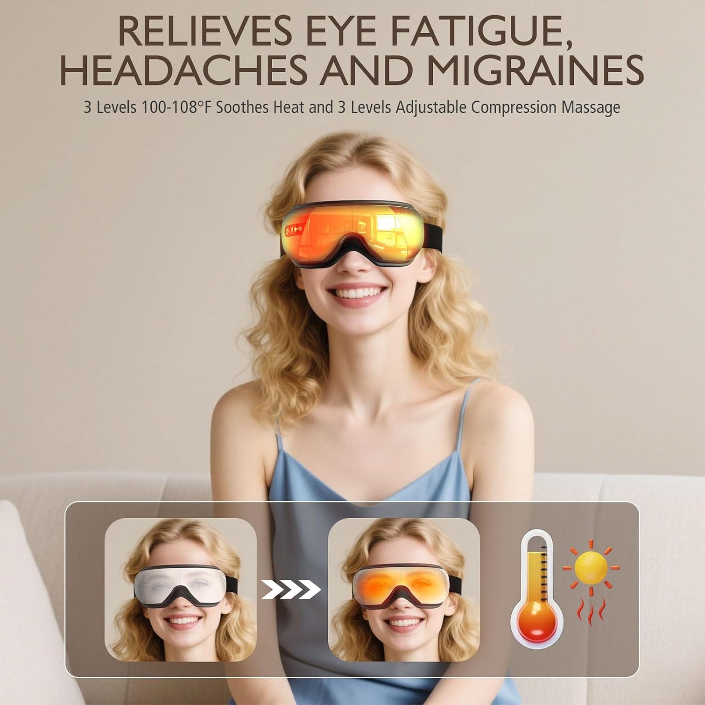 Eye Massager with Heat, Heated Eye Mask for Migraines with Bluetooth Music Eyes Care Gift with 4 Massage Modes and 180° Folding Design Massages Eyes Muscles Gifts for Friend Mom and Dad, Black