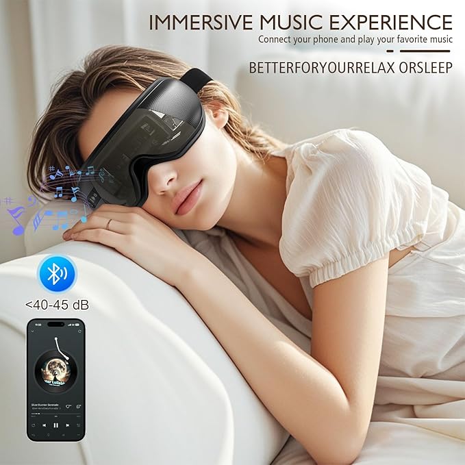Eye Massager with Heat, Heated Eye Mask for Migraines with Bluetooth Music Eyes Care Gift with 4 Massage Modes and 180° Folding Design Massages Eyes Muscles Gifts for Friend Mom and Dad, Black