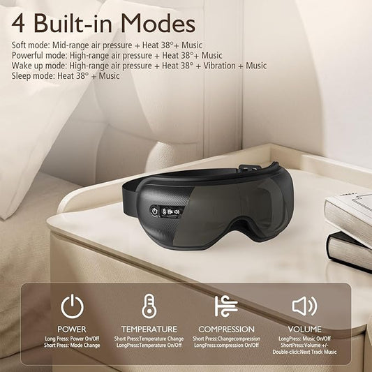 Eye Massager with Heat, Heated Eye Mask for Migraines with Bluetooth Music Eyes Care Gift with 4 Massage Modes and 180° Folding Design Massages Eyes Muscles Gifts for Friend Mom and Dad, Black