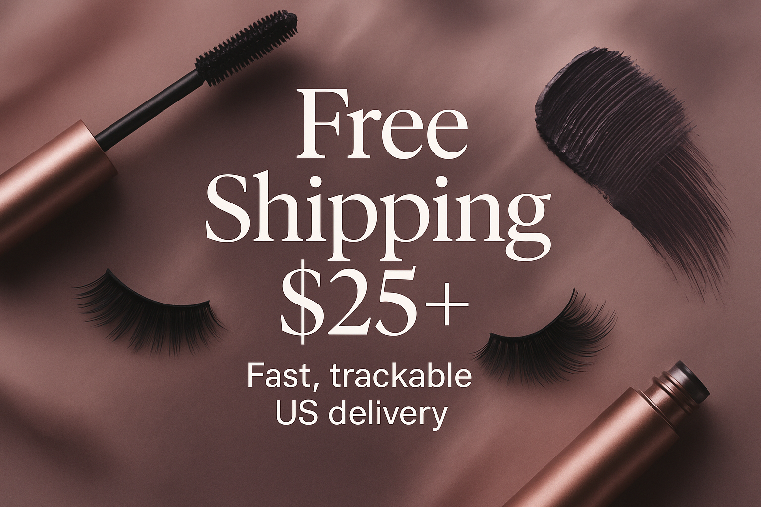  aspect_ratio 1:1,  a Mascara website banner with content text, text big, backgroud blur: "Free Shipping $25+ — Fast, trackable US delivery " ,
