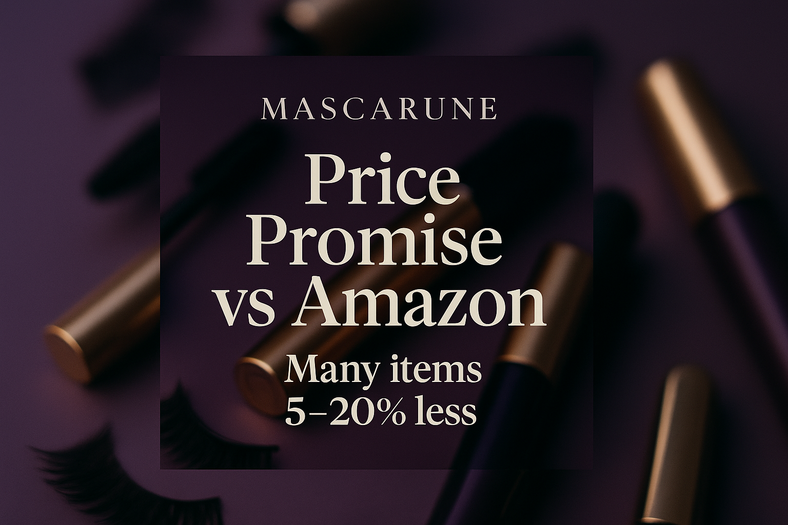 aspect_ratio 1:1 , creae a Mascara website banner with content text, text big, backgroud blur: " Price Promise vs Amazon — Many items 5–20% less "