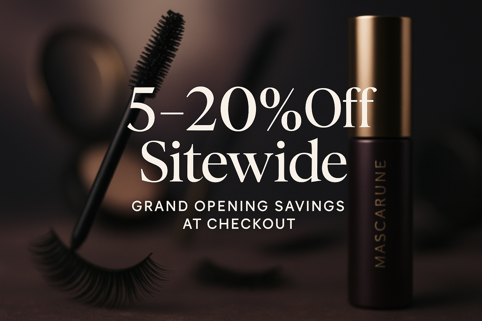 creae a Mascara website banner with content text, text big, backgroud blur: " 5–20% Off Site wide — Grand opening savings at checkout " , image size 360px x 450px